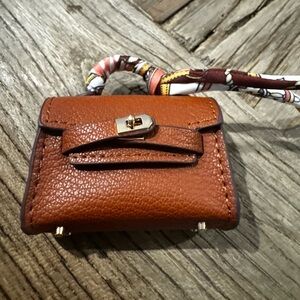 Mini Brown Leather Handbag with Scarf Handle , purse charm or headphones holder